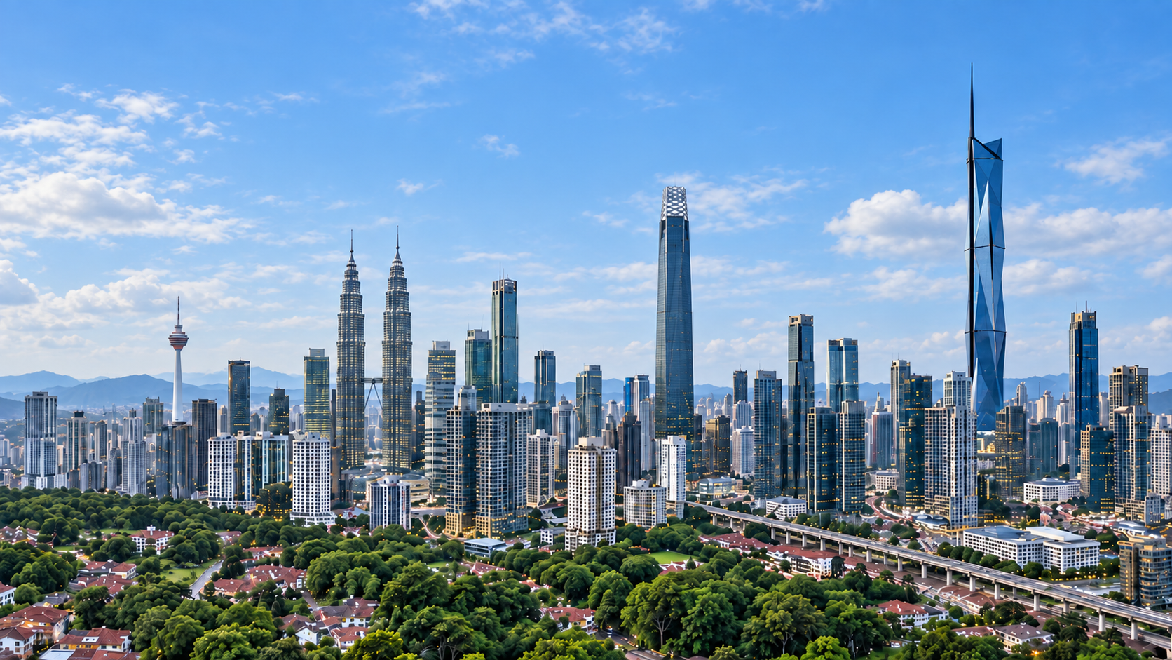 Kuala Lumpur skyline with Petronas Twin Towers, KL Tower, Exchange 106 and Merdeka 118